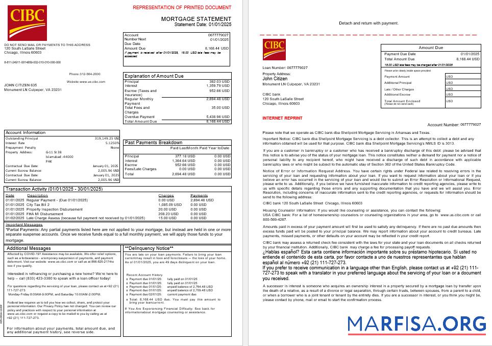 Downloadable USA CIBC bank mortgage statement in Word and PDF formats, 3 pages 1 2 real example